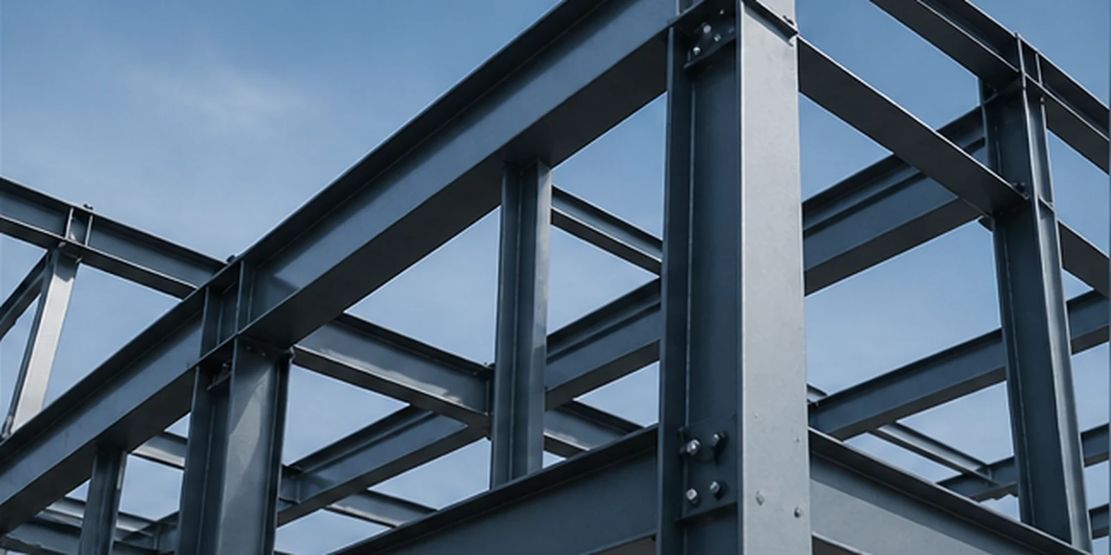 Structural steel frame against a blue sky