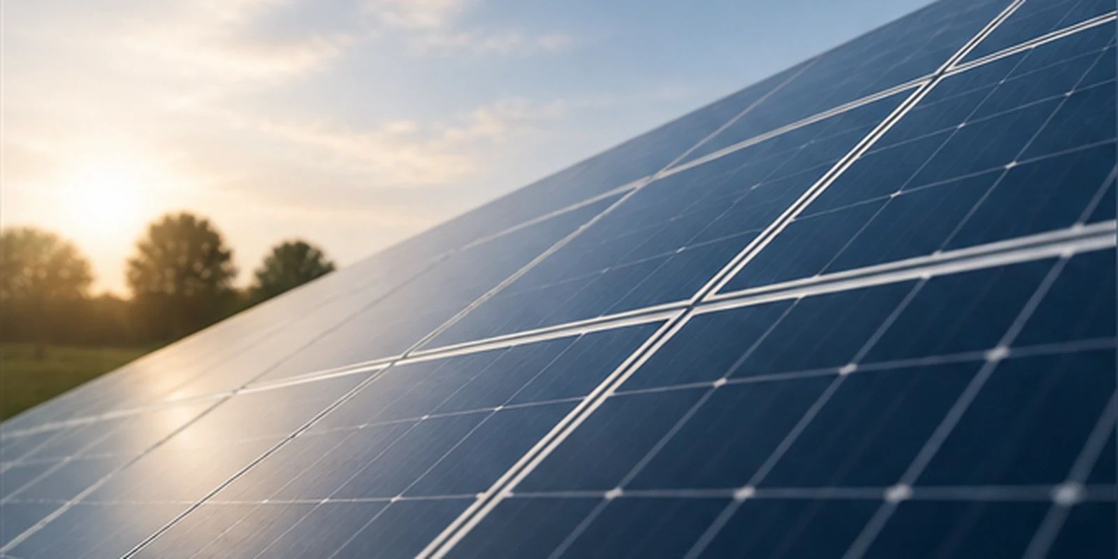 Solar panels in a field at sunrise